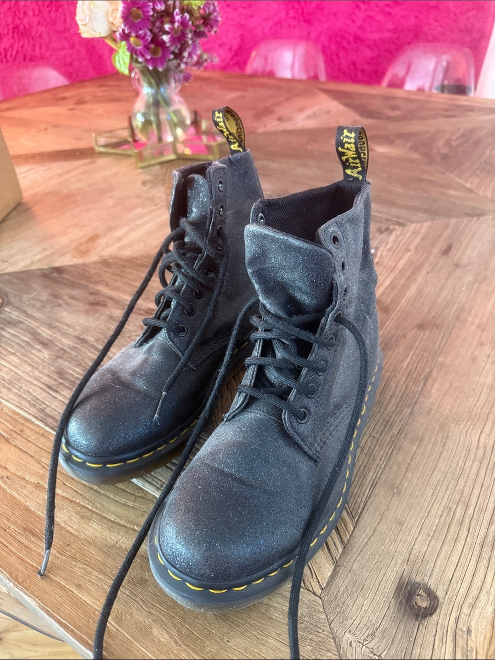 Dr. Martens Glitter Black Lace-Up Leather Ankle Boots with Yellow Stitching